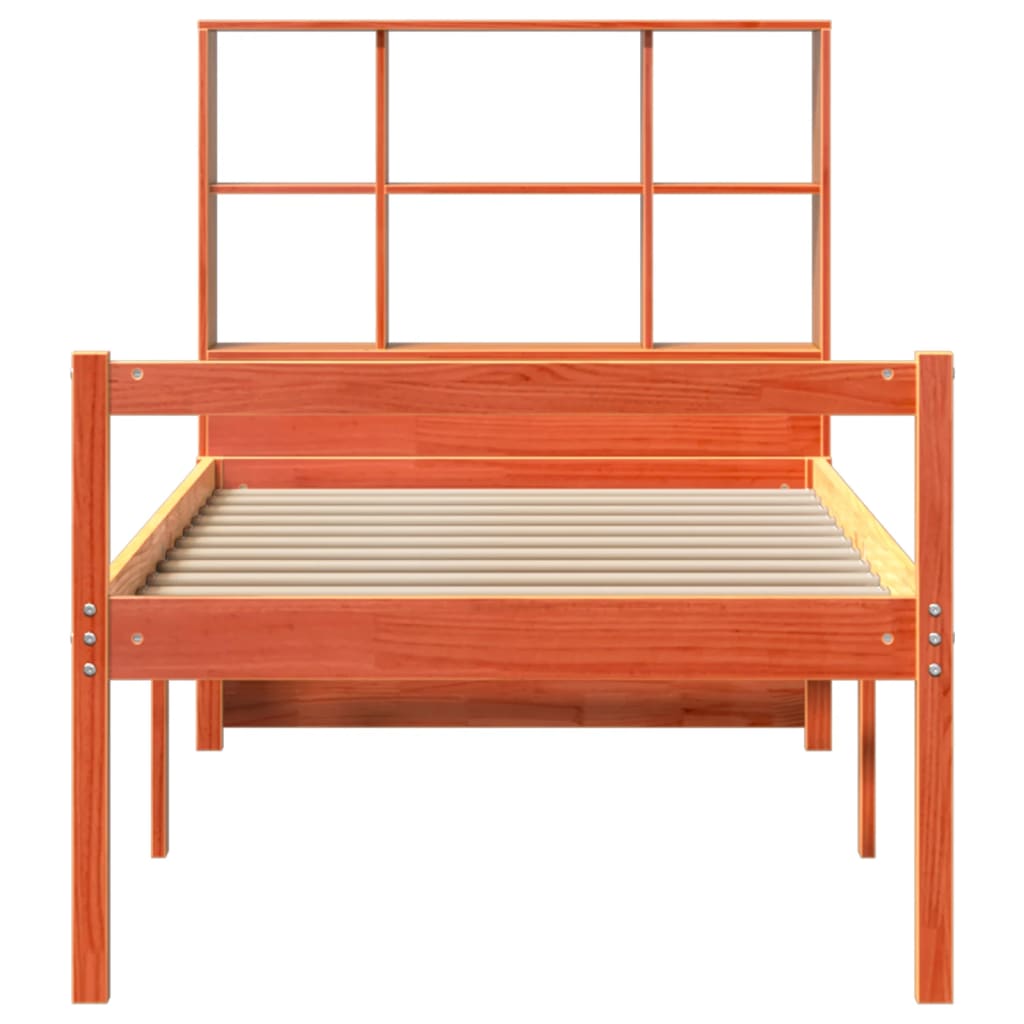 Bed met boekenkast zonder matras massief hout wasbruin 75x190cm