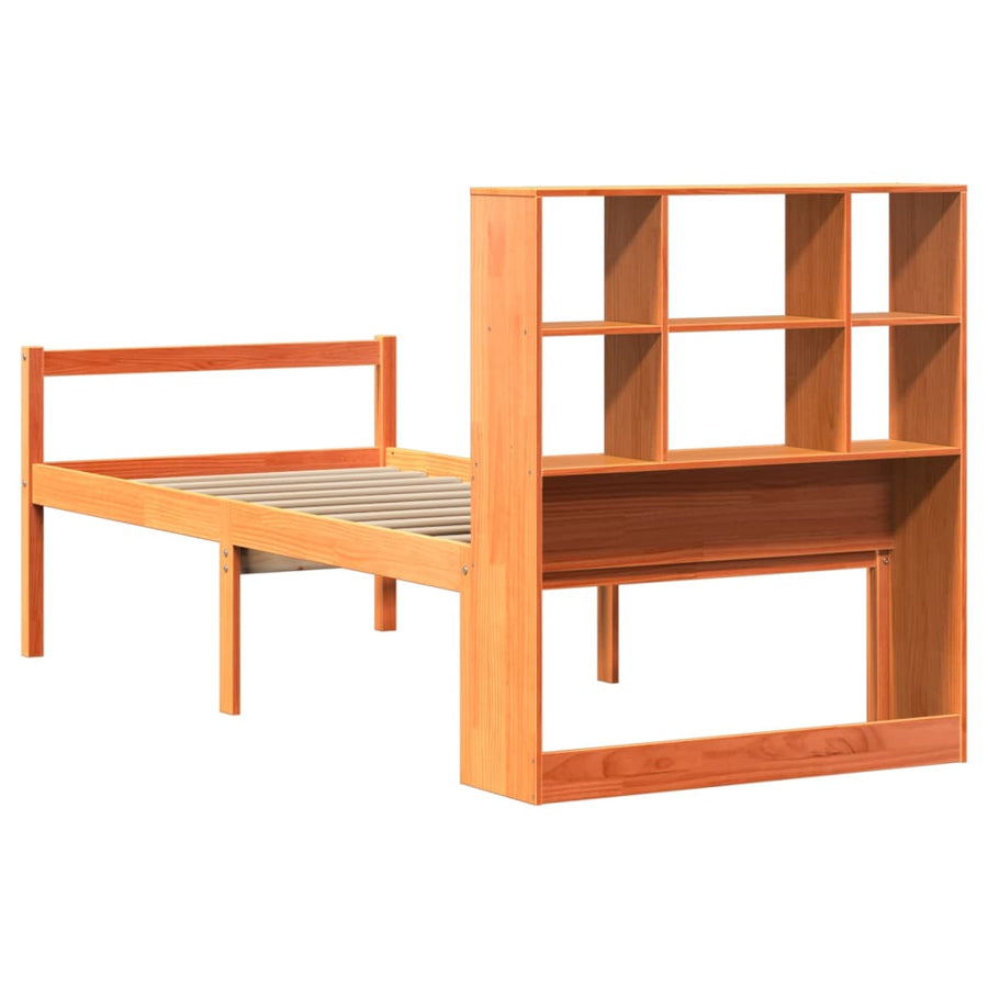 Bed met boekenkast zonder matras massief hout wasbruin 75x190cm