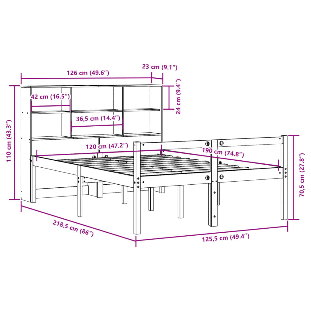 Bed met boekenkast zonder matras hout wasbruin 120x190 cm