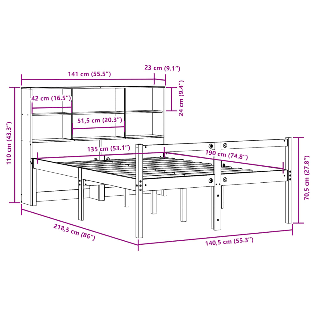 Bed met boekenkast zonder matras hout wasbruin 135x190 cm