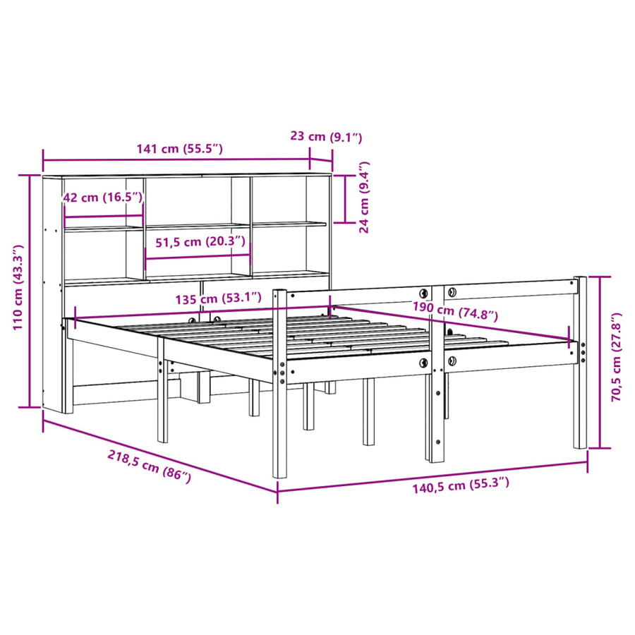Bed met boekenkast zonder matras hout wasbruin 135x190 cm