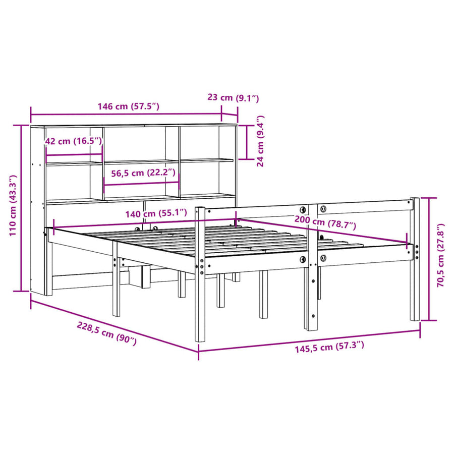 Bed met boekenkast zonder matras hout wasbruin 140x200 cm