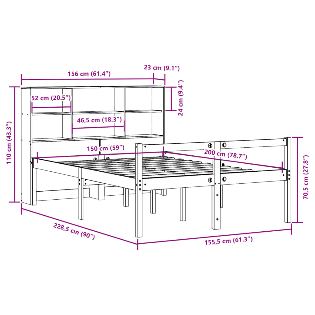 Bed met boekenkast zonder matras hout wasbruin 150x200 cm