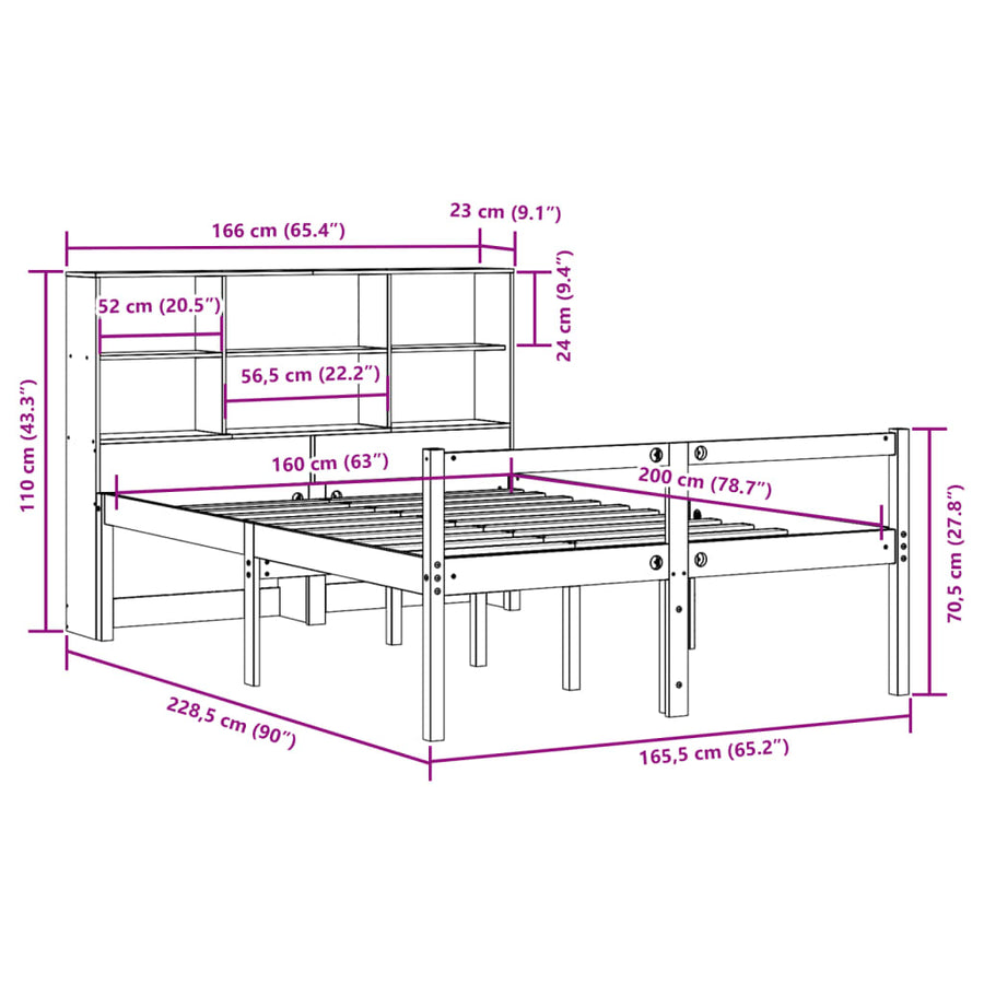 Bed met boekenkast zonder matras hout wasbruin 160x200 cm