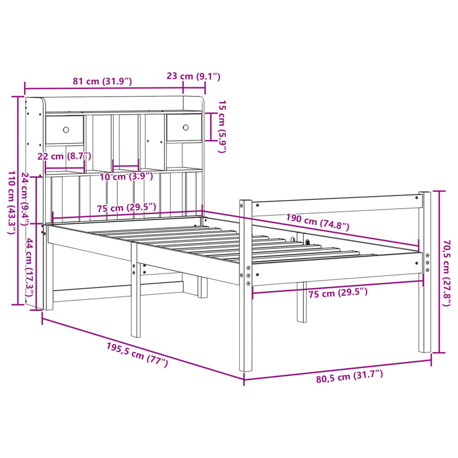 Bed Met Boekenkast Zonder Matras Grenenhout 75 x 190 cm Wit