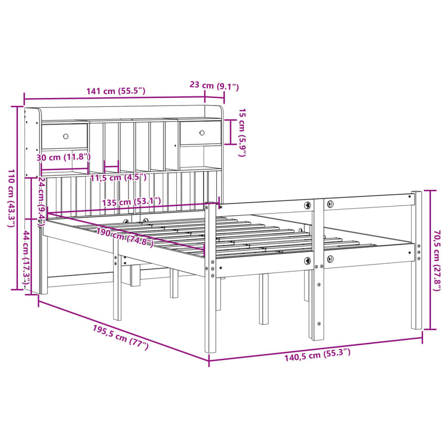 Bed met boekenkast zonder matras massief grenenhout 135x190 cm