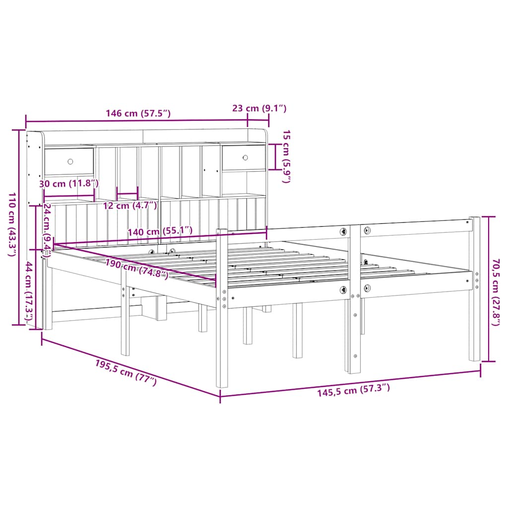 Bed Met Boekenkast Zonder Matras Massief Grenenhout 140 x 190 cm Naturel