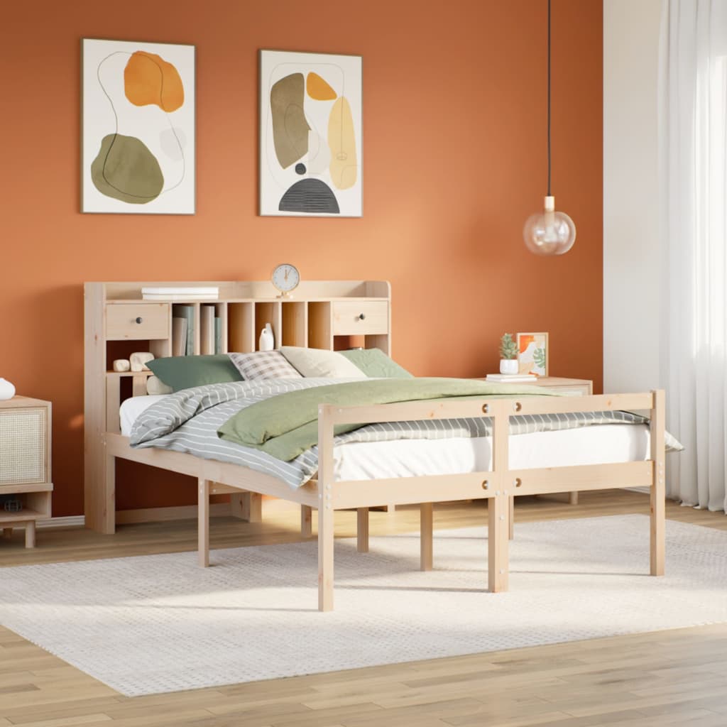 Bed Met Boekenkast Zonder Matras Massief Grenenhout 140 x 200 cm Naturel