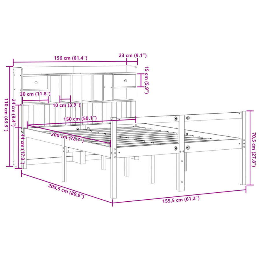 Bed met boekenkast zonder matras grenenhout wit 150x200 cm