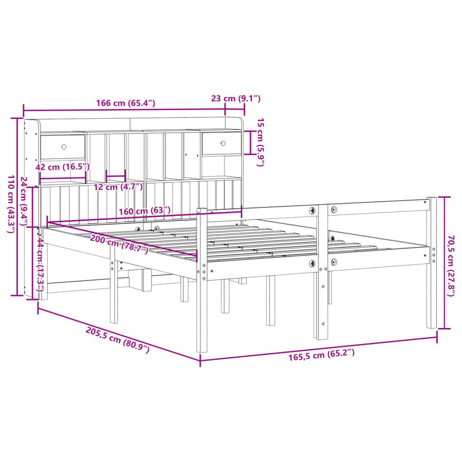 Bed met boekenkast zonder matras grenenhout wit 160x200 cm