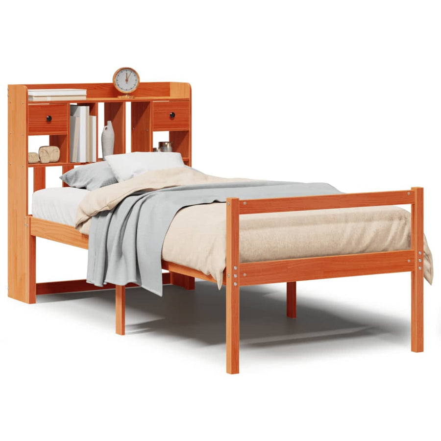 Bed met boekenkast zonder matras grenenhout wasbruin 75x190 cm
