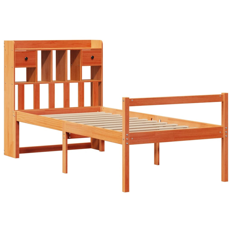 Bed met boekenkast zonder matras grenenhout wasbruin 75x190 cm