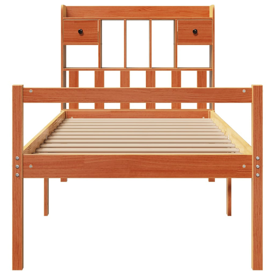 Bed met boekenkast zonder matras grenenhout wasbruin 75x190 cm