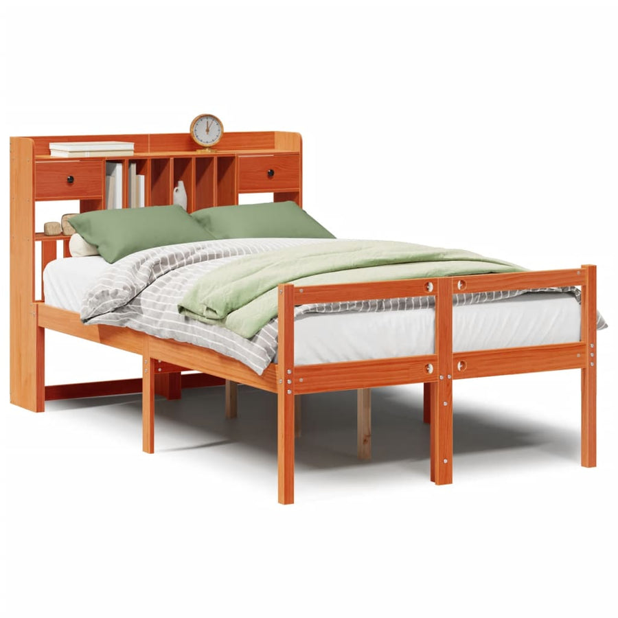 Bed met boekenkast zonder matras grenenhout wasbruin 135x190 cm