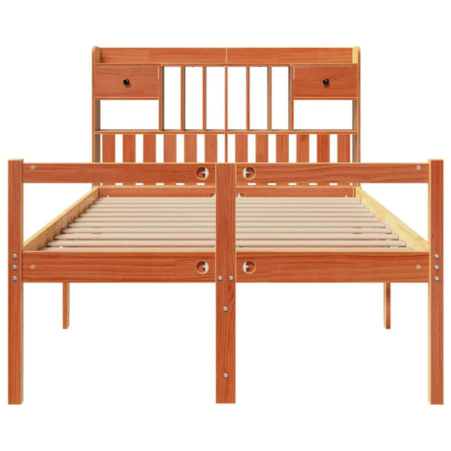 Bed met boekenkast zonder matras grenenhout wasbruin 135x190 cm