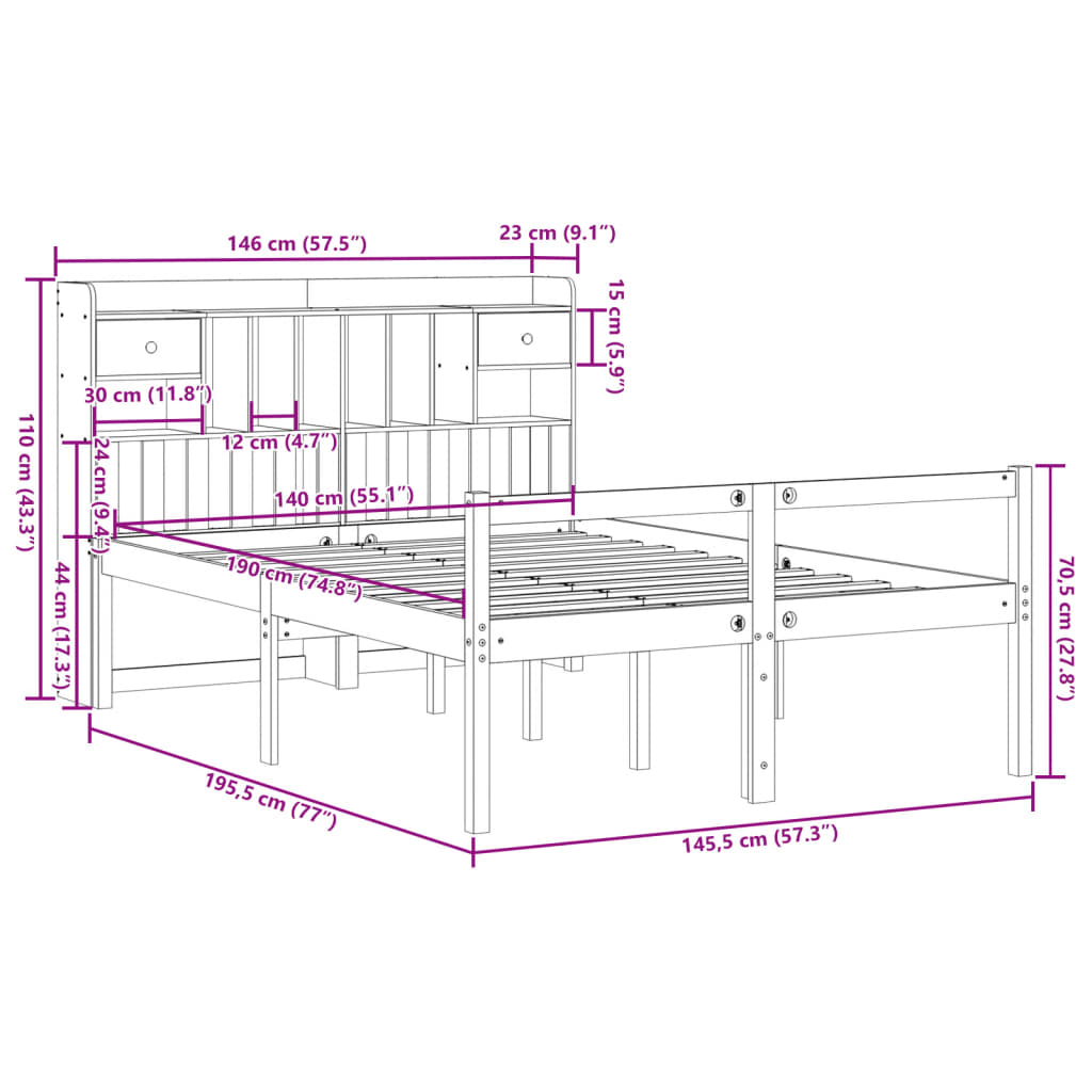 Bed met boekenkast zonder matras grenenhout wasbruin 140x190 cm