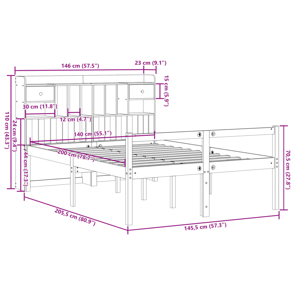 Bed met boekenkast zonder matras grenenhout wasbruin 140x200 cm