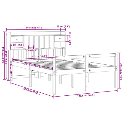 Bed met boekenkast zonder matras grenenhout wasbruin 140x200 cm