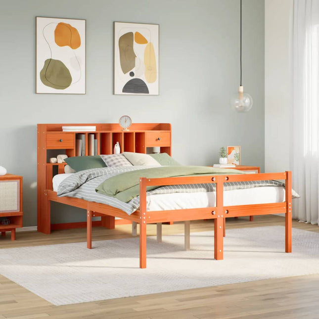 Bed met boekenkast zonder matras grenenhout wasbruin 140x200 cm