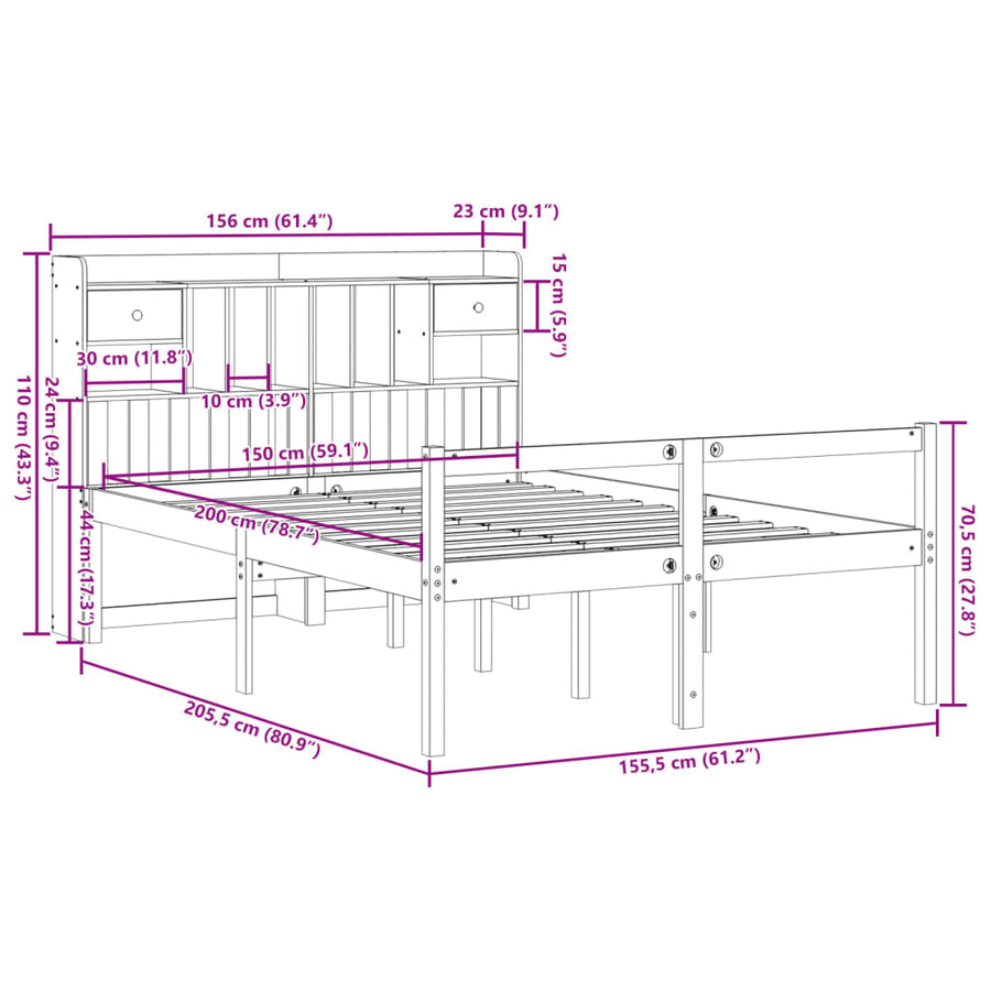 Bed met boekenkast zonder matras grenenhout wasbruin 150x200 cm