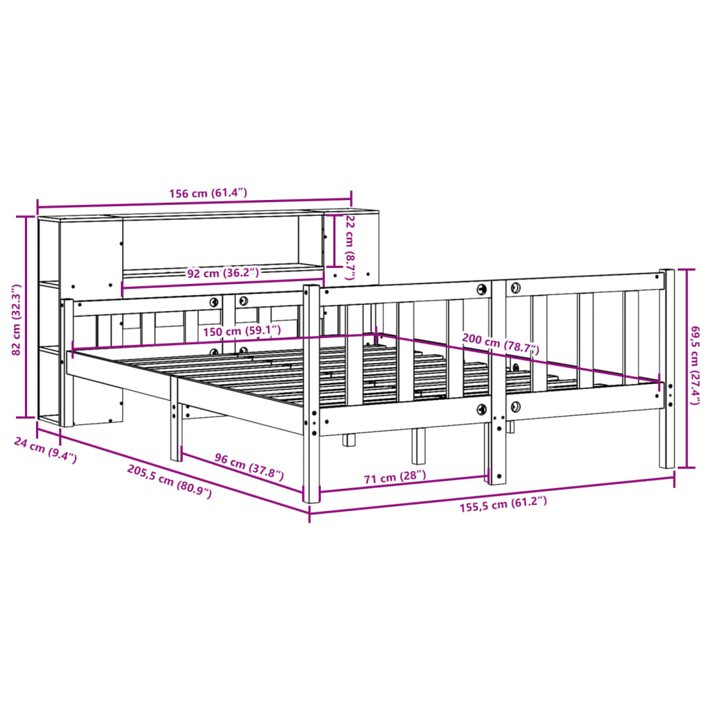 Bed met boekenkast zonder matras grenenhout wit 150x200 cm