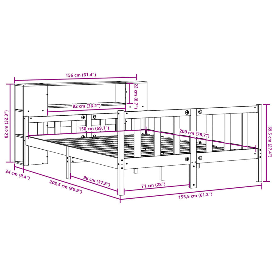 Bed met boekenkast zonder matras hout wasbruin 150x200 cm