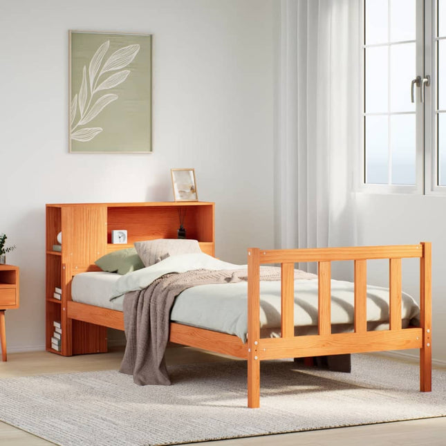 Bed met boekenkast zonder matras massief hout wasbruin 75x190cm