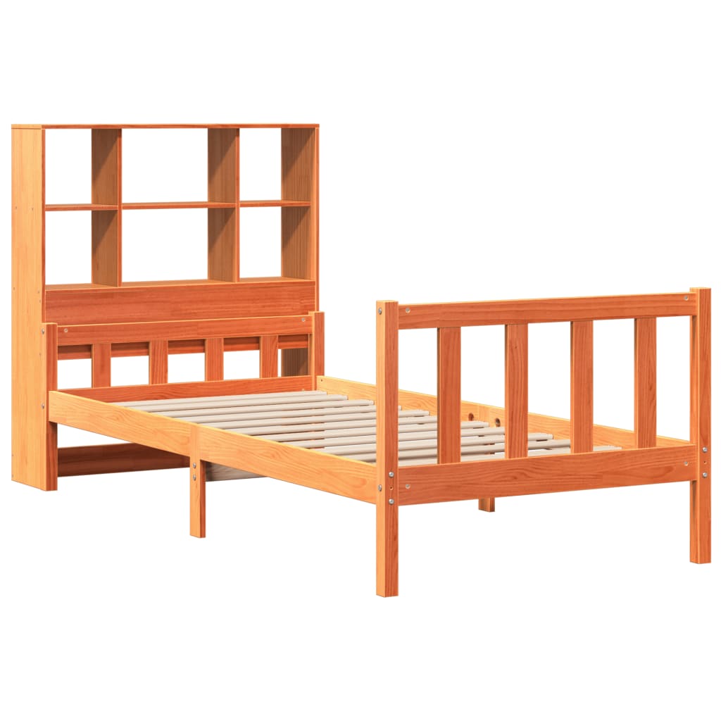 Bed met boekenkast zonder matras massief hout wasbruin 75x190cm