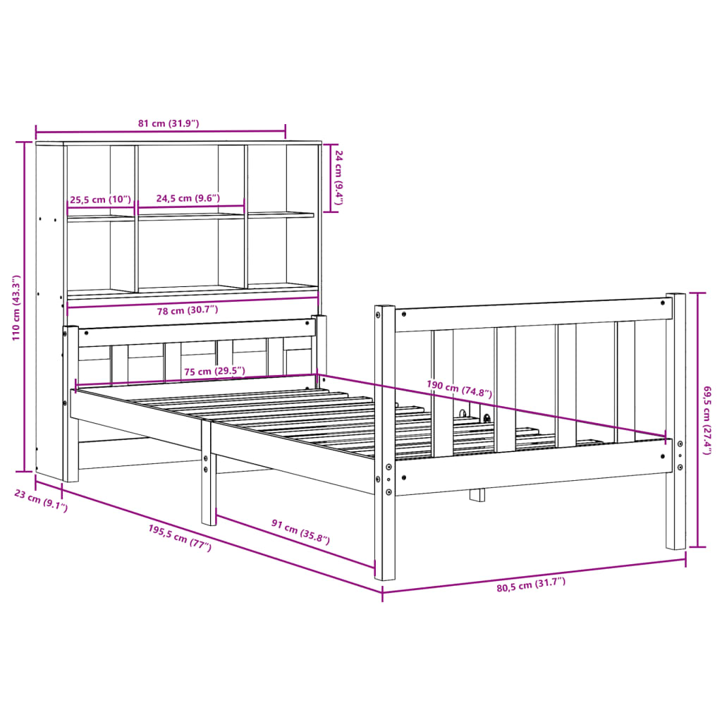 Bed met boekenkast zonder matras massief hout wasbruin 75x190cm