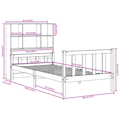 Bed met boekenkast zonder matras massief hout wasbruin 75x190cm