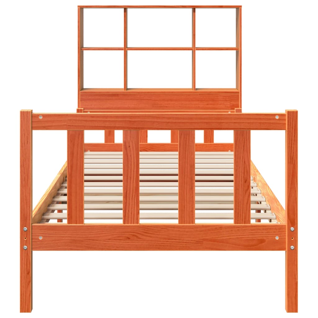 Bed met boekenkast zonder matras massief hout wasbruin 75x190cm