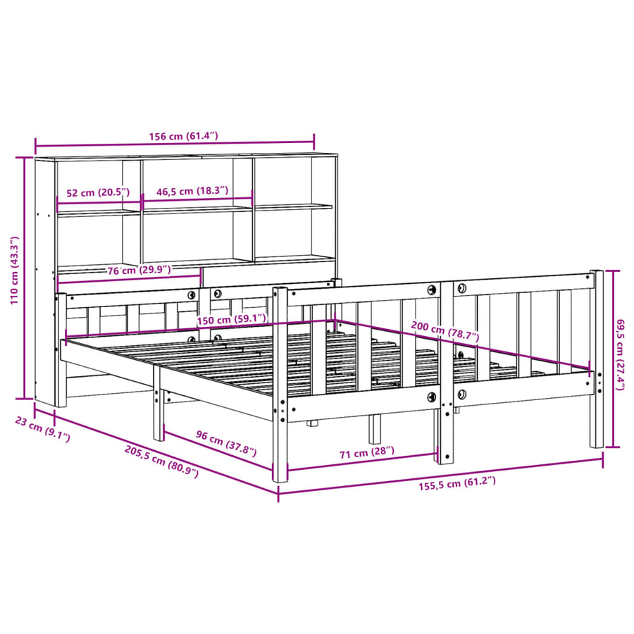 Bed met boekenkast zonder matras hout wasbruin 150x200 cm