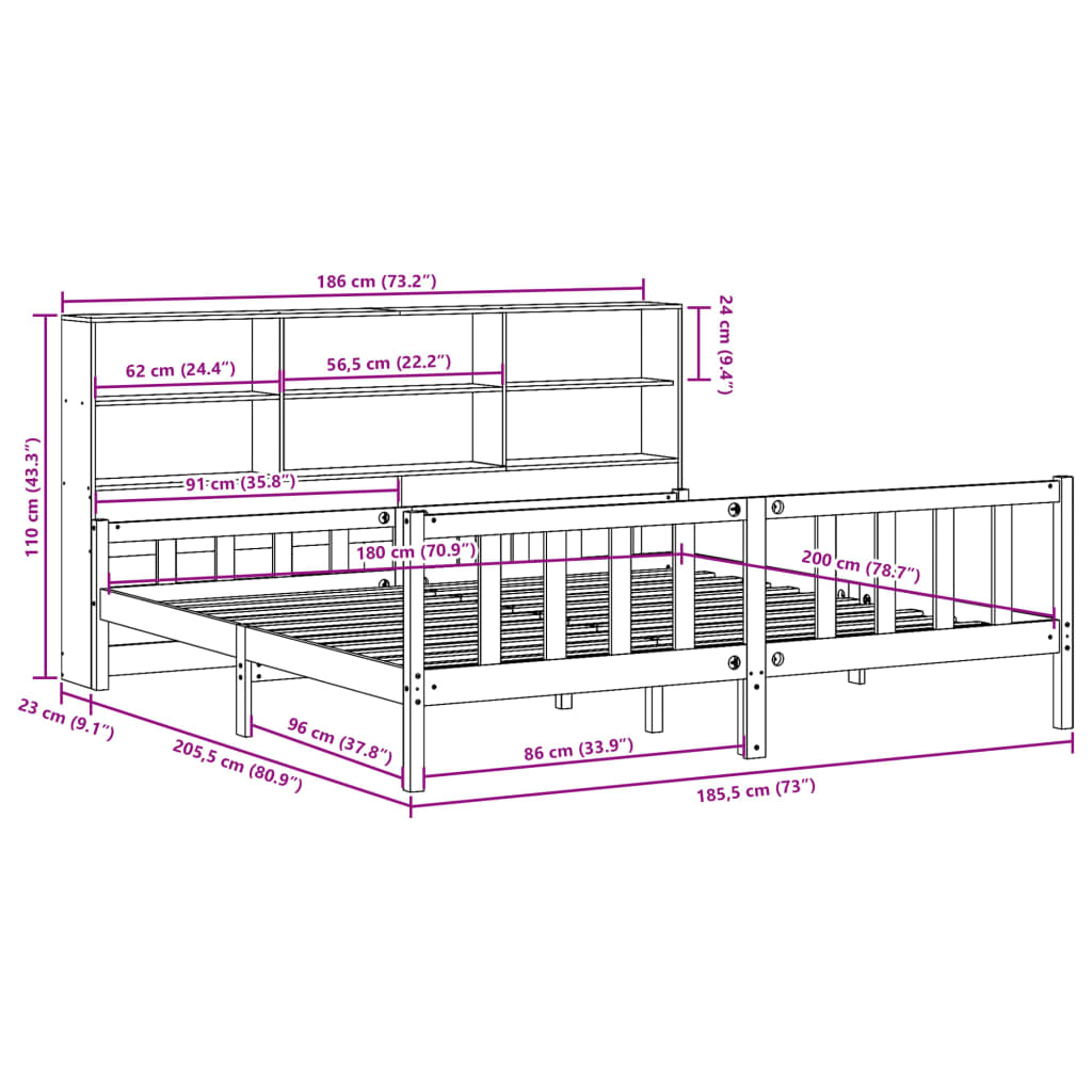 Bed met boekenkast zonder matras hout wasbruin 180x200 cm