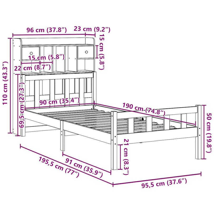 Bed Met Boekenkast Zonder Matras Massief Grenenhout 90 x 190 cm Naturel
