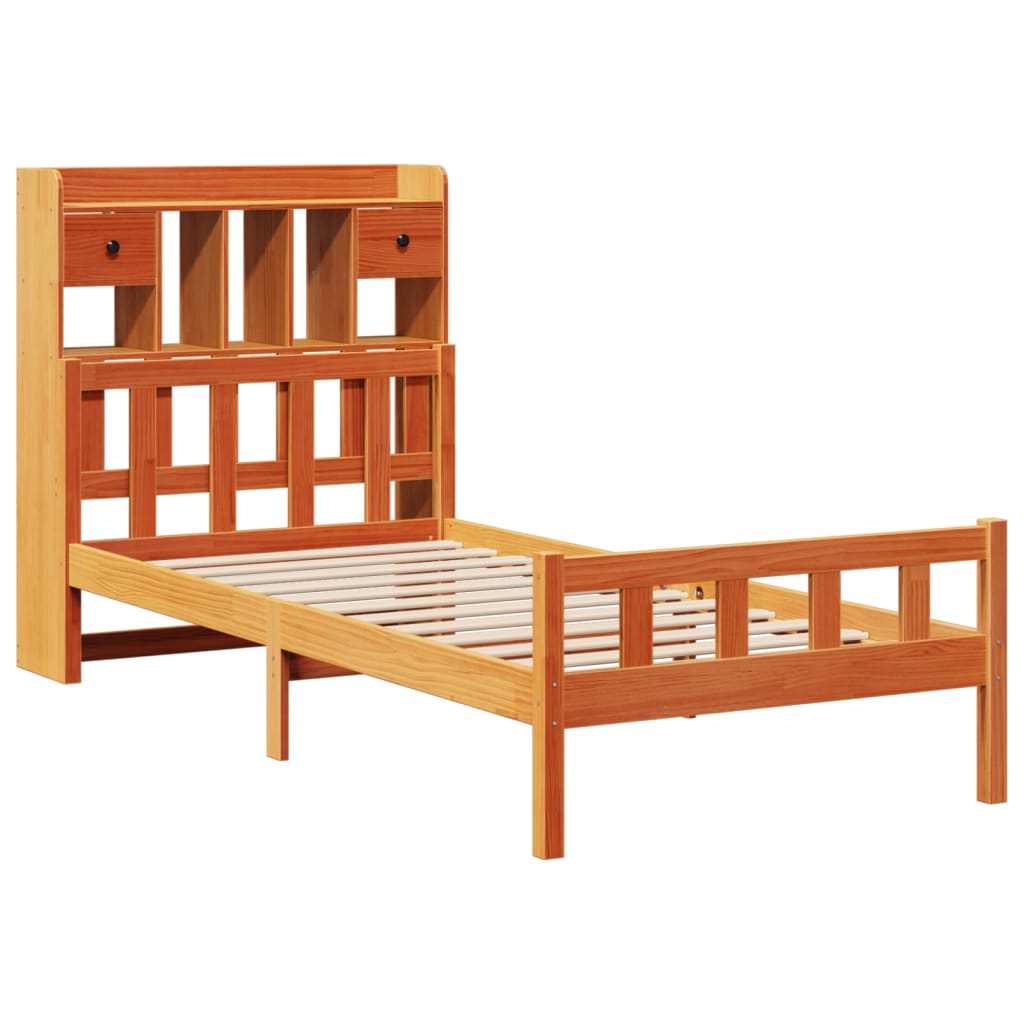 Bed met boekenkast zonder matras grenenhout wasbruin 75x190 cm
