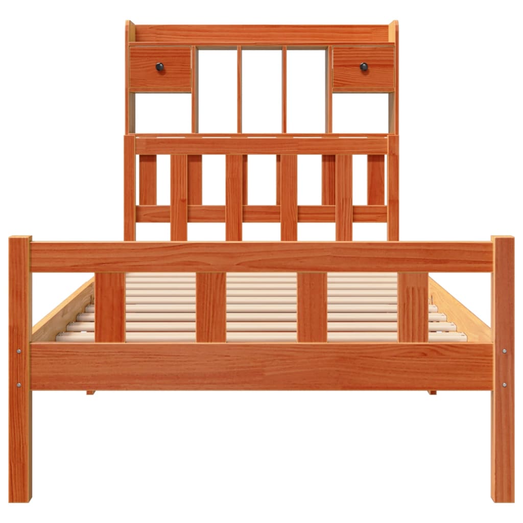 Bed met boekenkast zonder matras grenenhout wasbruin 75x190 cm