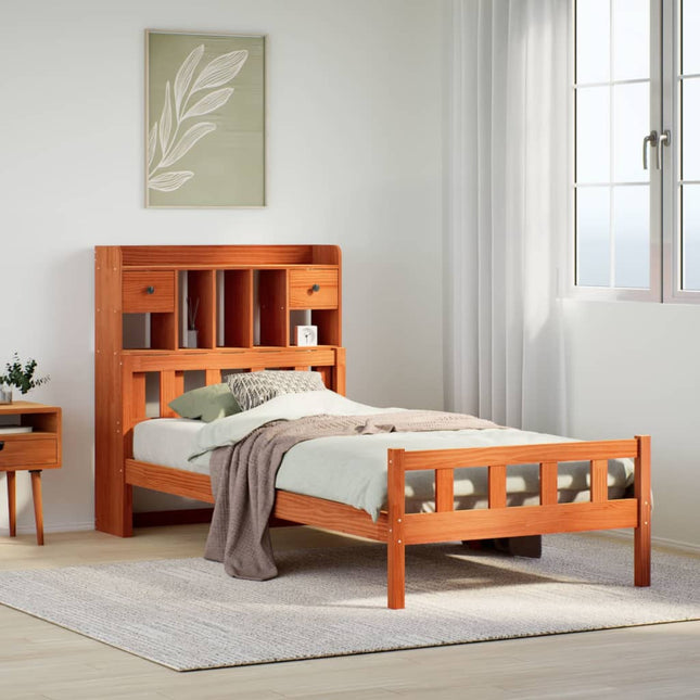 Bed met boekenkast zonder matras grenenhout wasbruin 75x190 cm