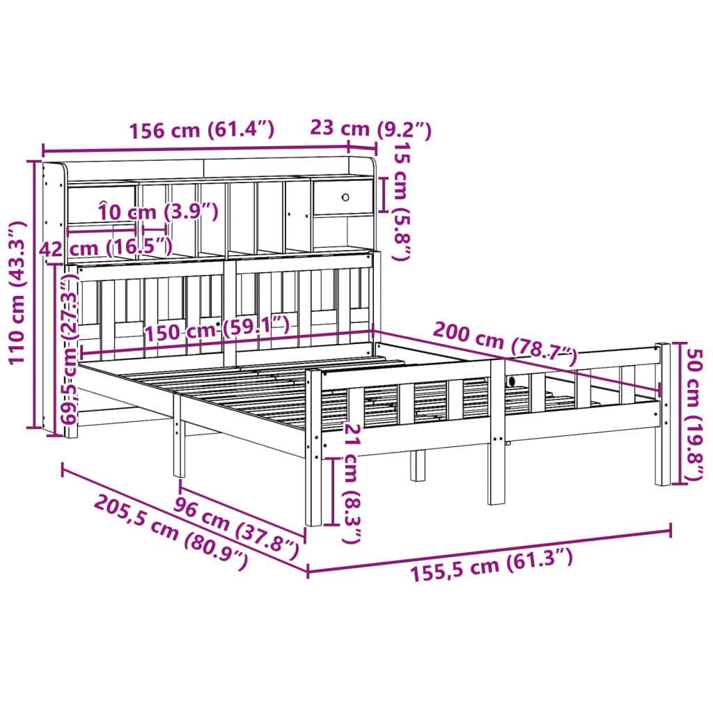 Bed met boekenkast zonder matras grenenhout wasbruin 150x200 cm
