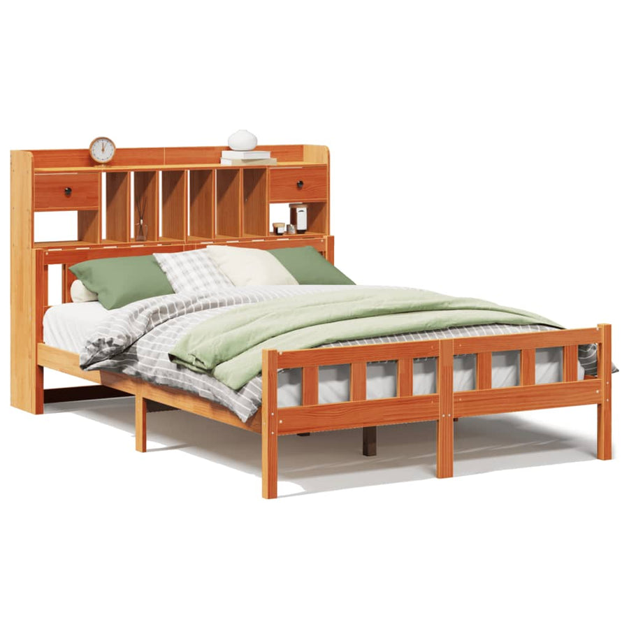 Bed met boekenkast zonder matras grenenhout wasbruin 160x200 cm