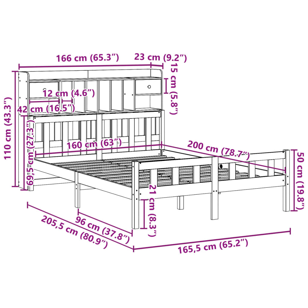 Bed met boekenkast zonder matras grenenhout wasbruin 160x200 cm