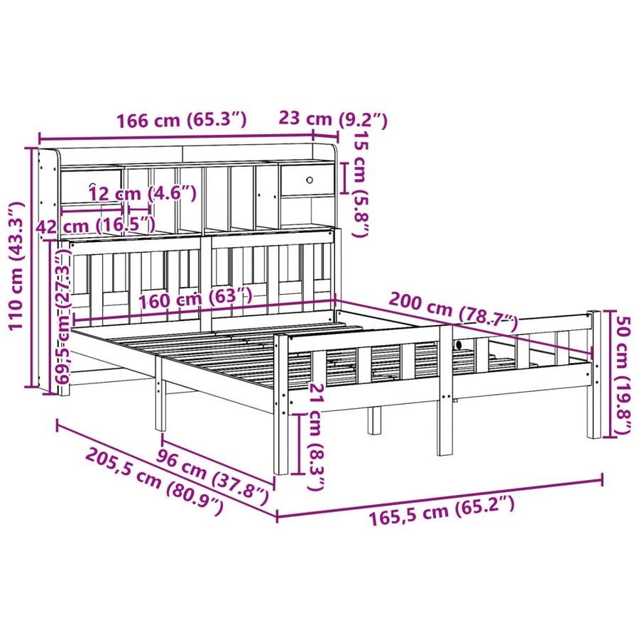 Bed met boekenkast zonder matras grenenhout wasbruin 160x200 cm