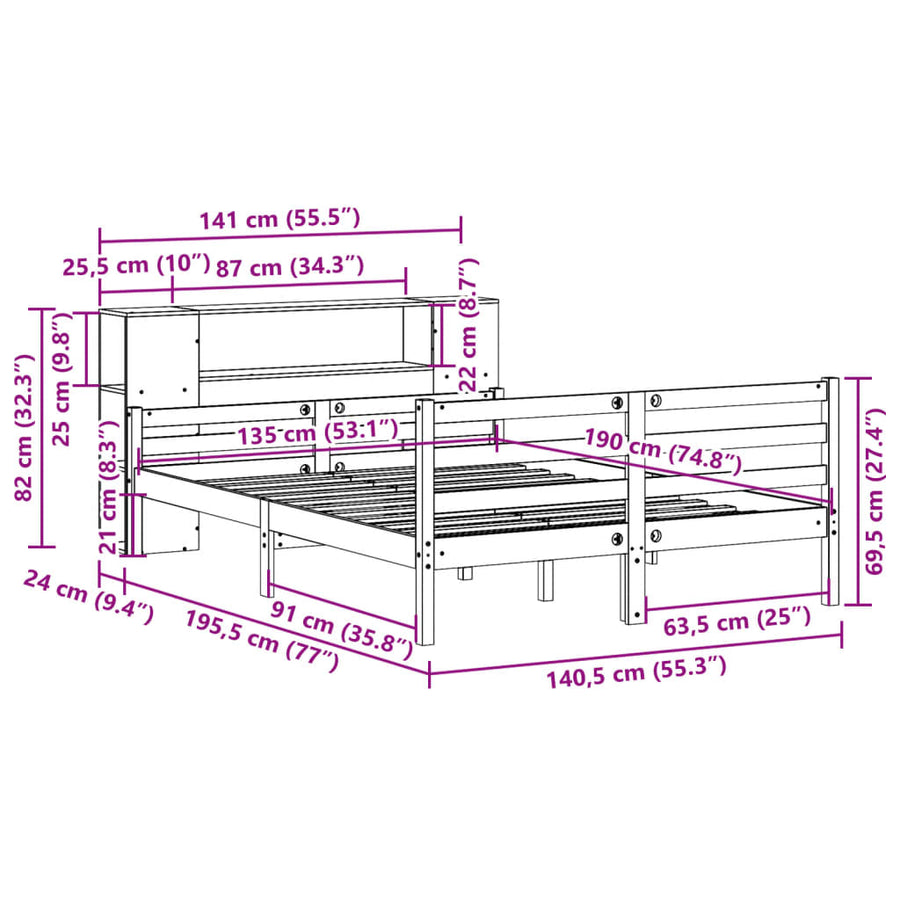 Bed met boekenkast zonder matras massief grenenhout 135x190 cm