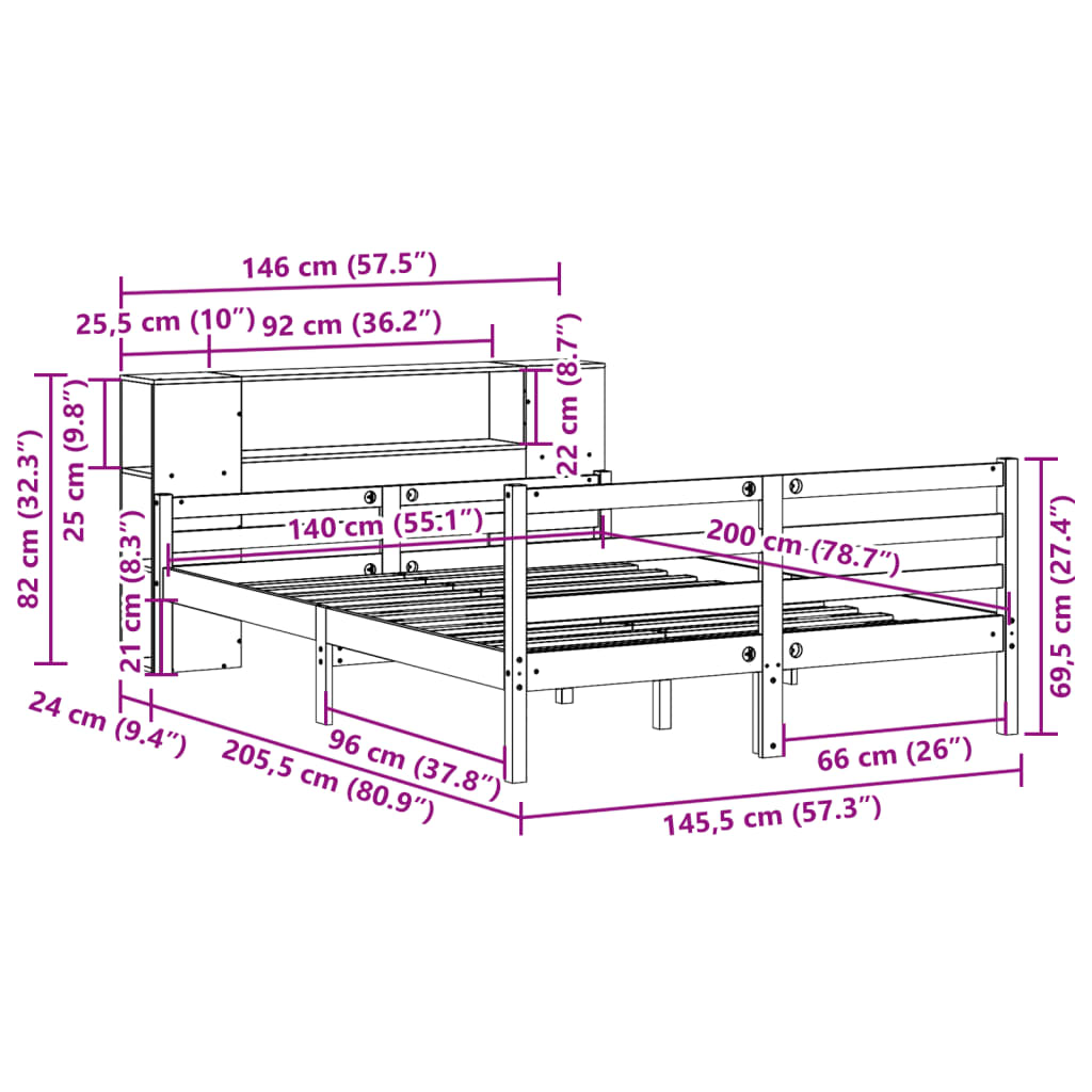 Bed met boekenkast zonder matras grenenhout wit 140x200 cm