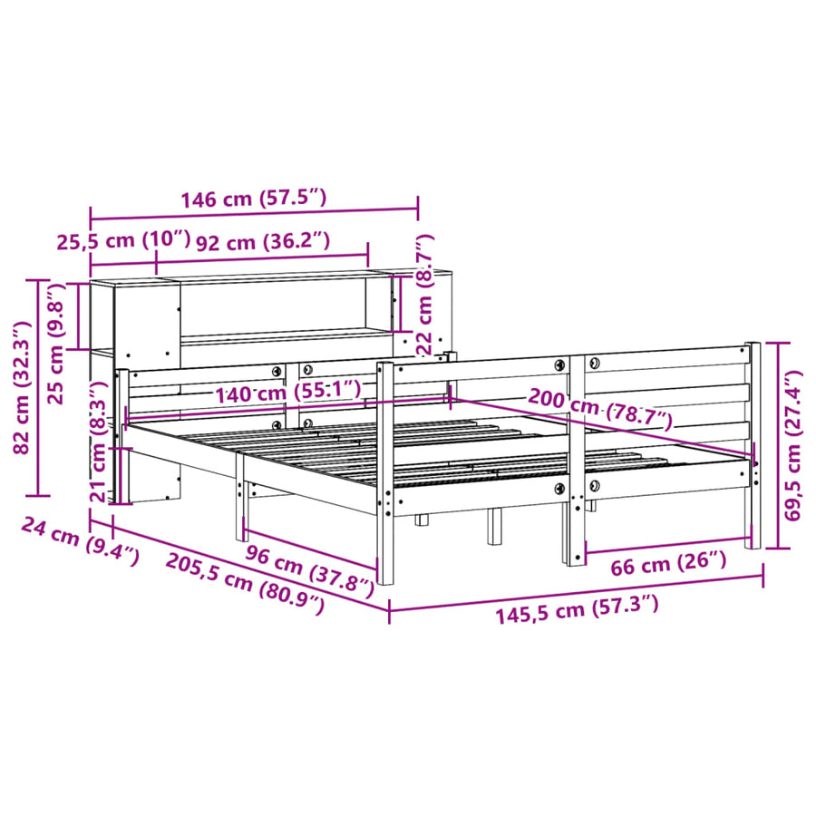 Bed met boekenkast zonder matras grenenhout wit 140x200 cm