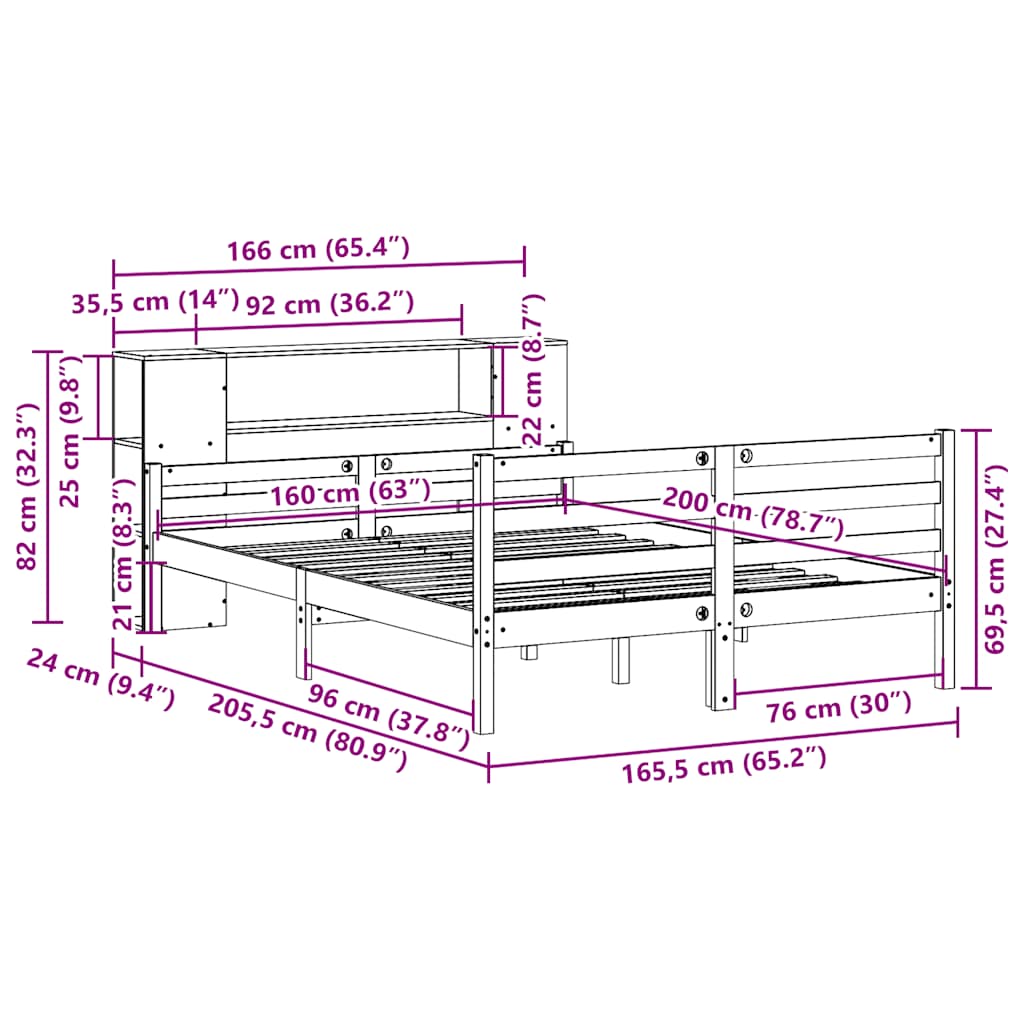Bed Met Boekenkast Zonder Matras Massief Grenenhout 160 x 200 cm Naturel