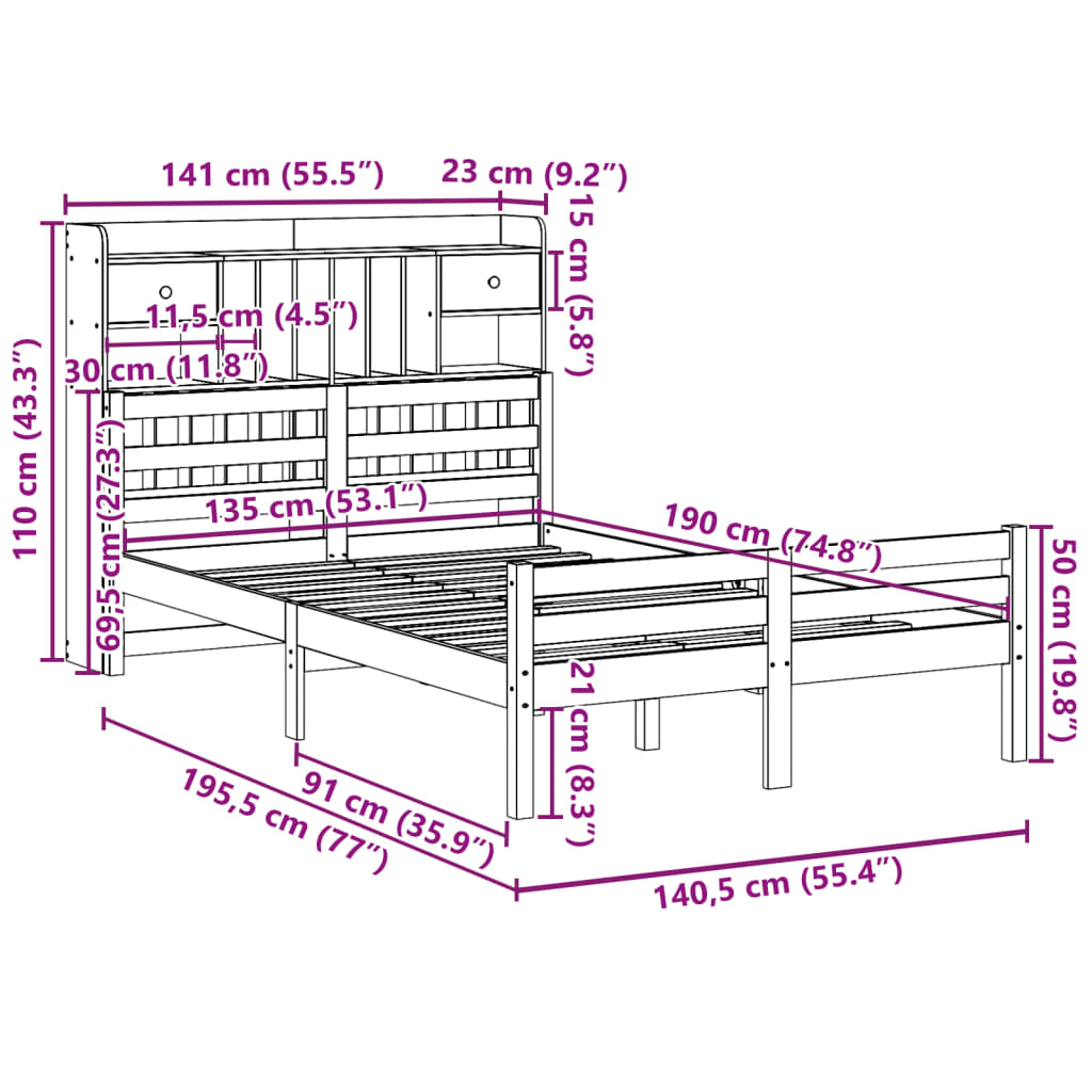 Bed met boekenkast zonder matras massief grenenhout 135x190 cm