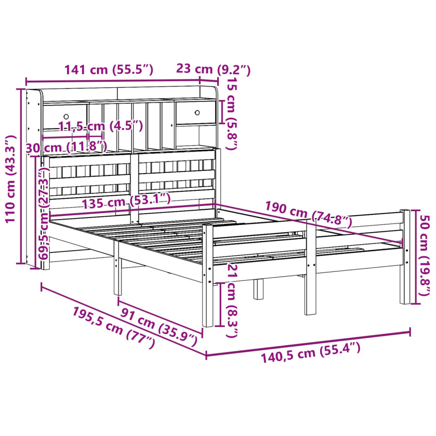 Bed met boekenkast zonder matras massief grenenhout 135x190 cm