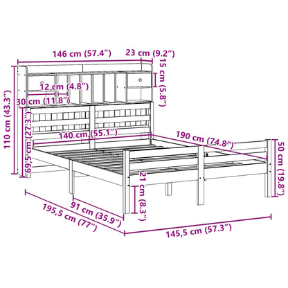 Bed met boekenkast zonder matras massief grenenhout 140x190 cm