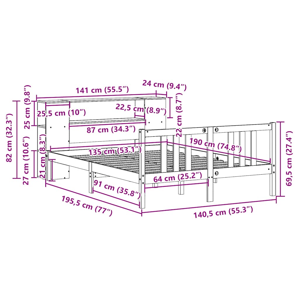 Bed met boekenkast zonder matras massief grenenhout 135x190 cm