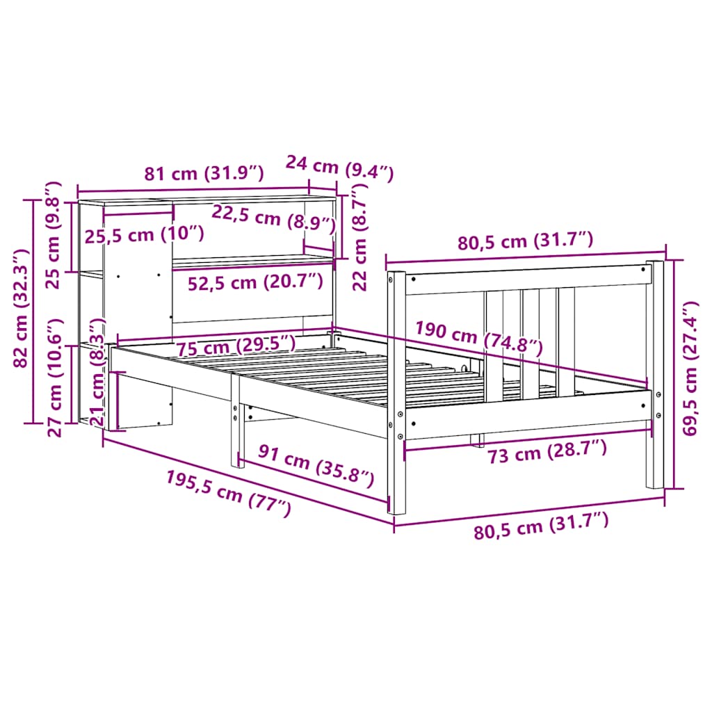 Bed Met Boekenkast Zonder Matras Massief Grenenhout 75 x 190 cm Naturel